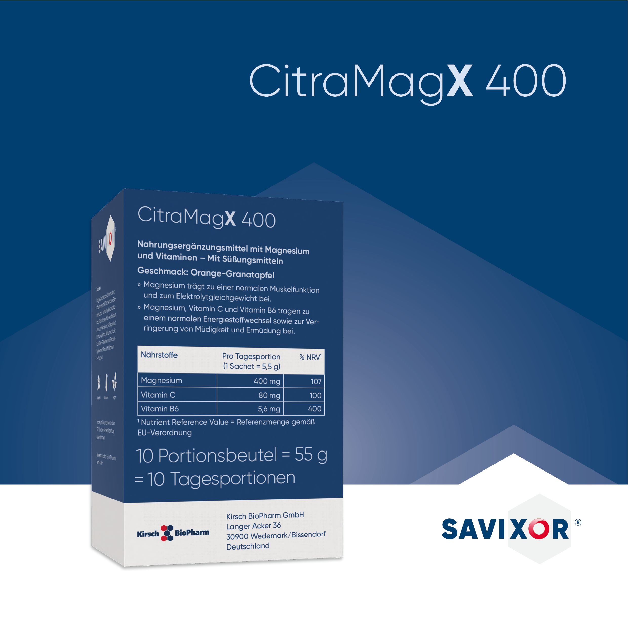 Savixor CitraMagX 400, Packung mit 10 Portionen. Enthält Magnesium, Vitamin C und B6. Orange-Grapefruit-Geschmack. Kirsch Biopharm GmbH.