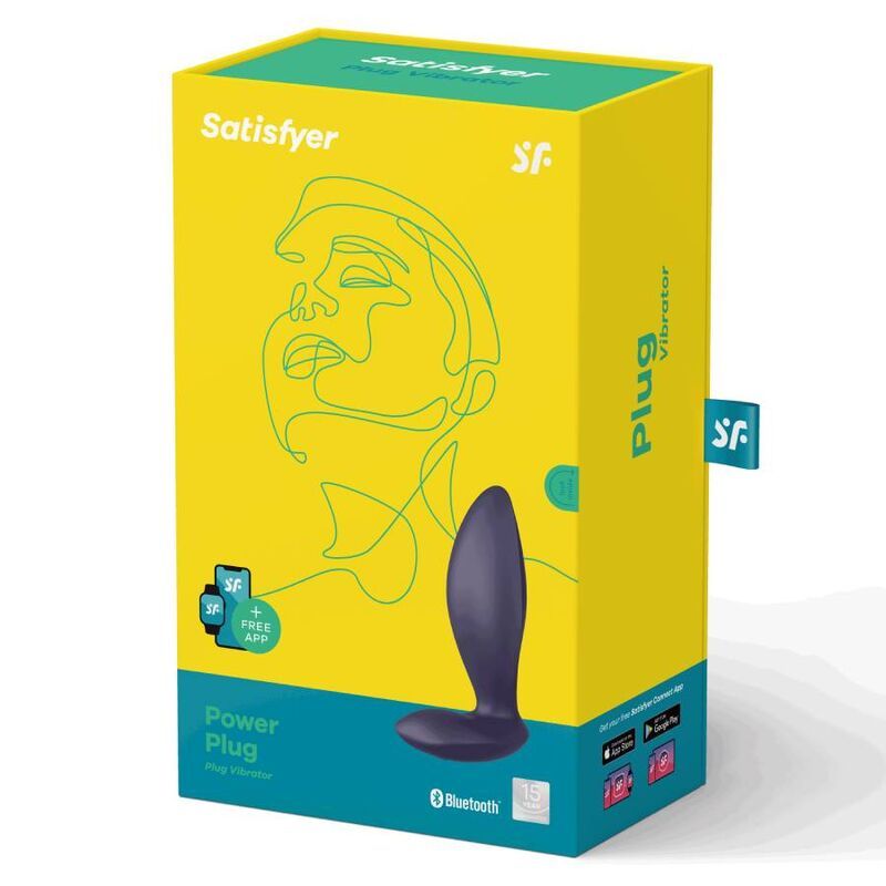 Gelber Karton mit Produkt und Logo. Der Plug ist dunkelviolett. Aufdrucke: Satisfyer, Power Plug, Bluetooth, App.