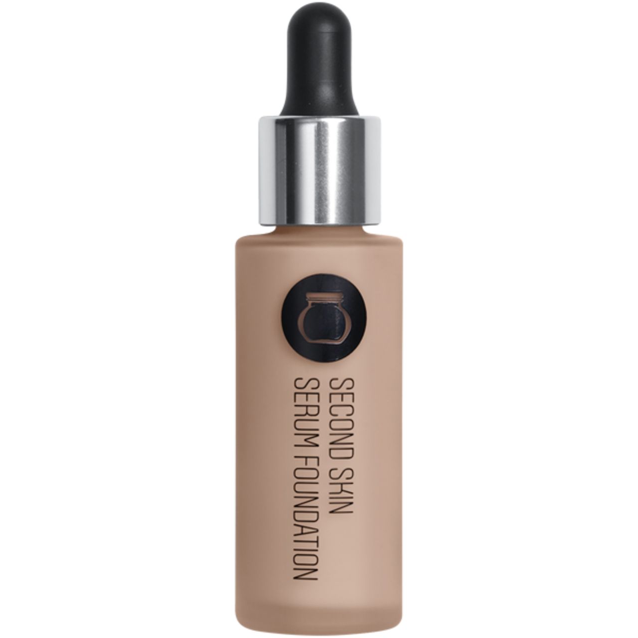 Fläschchen mit Serum Foundation. Schwarze Pipette, silberner Verschluss. Aufschrift: Second Skin Serum Foundation.