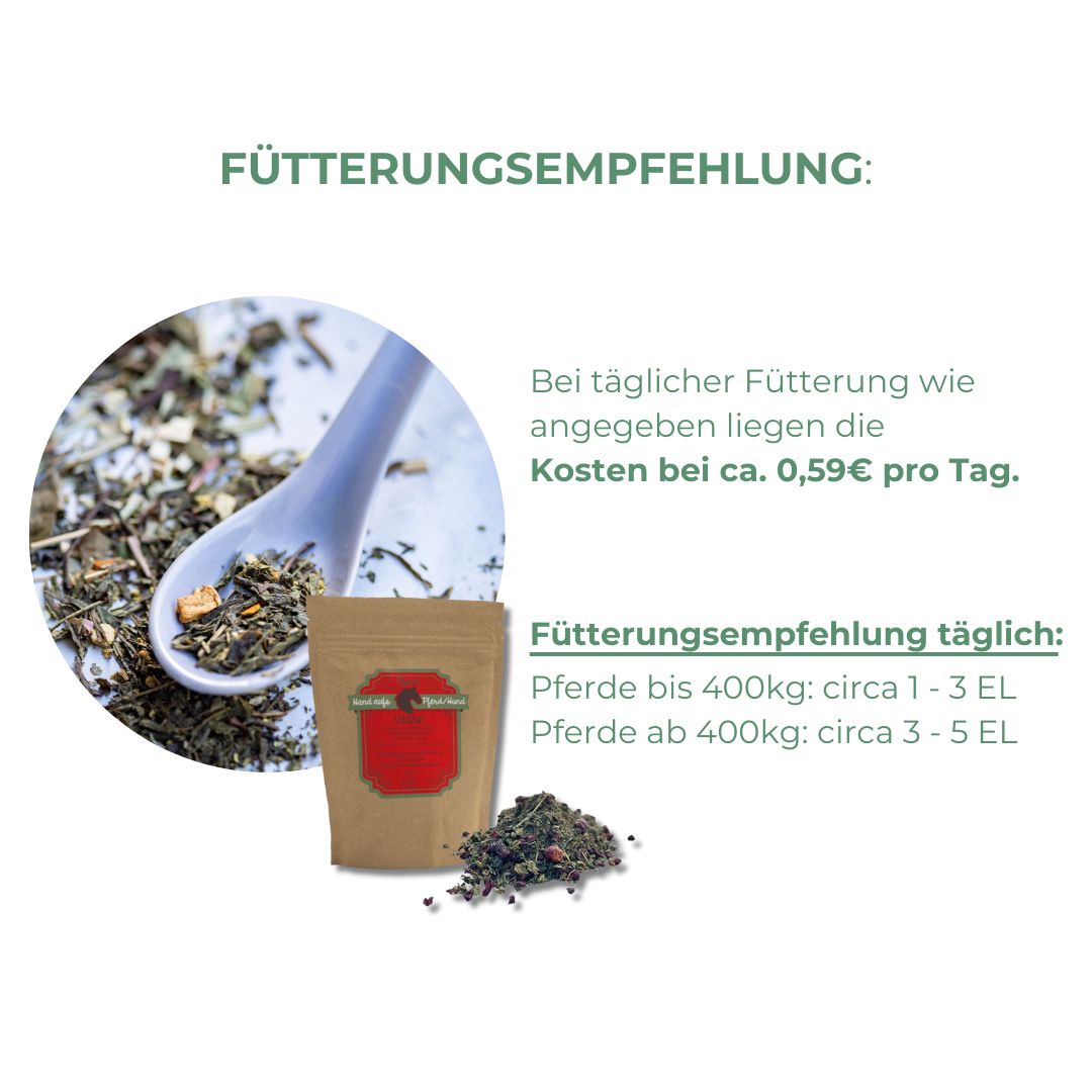 Löffel mit Kräutern, Beutel mit Etikett. Text: Fütterungsempfehlung: ca. 0,59€ pro Tag. Fütterungsempfehlung täglich.