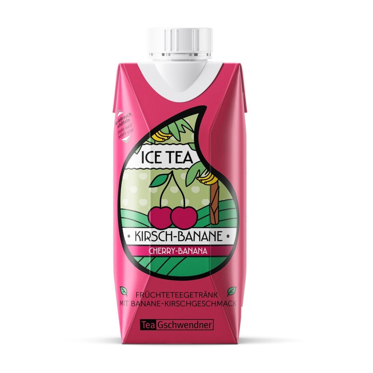 Rosa Getränkepackung mit weißem Verschluss. Aufdruck: Ice Tea Kirsch-Banane. Marke: Tea Gschwendner. Fruchtteegetränk.