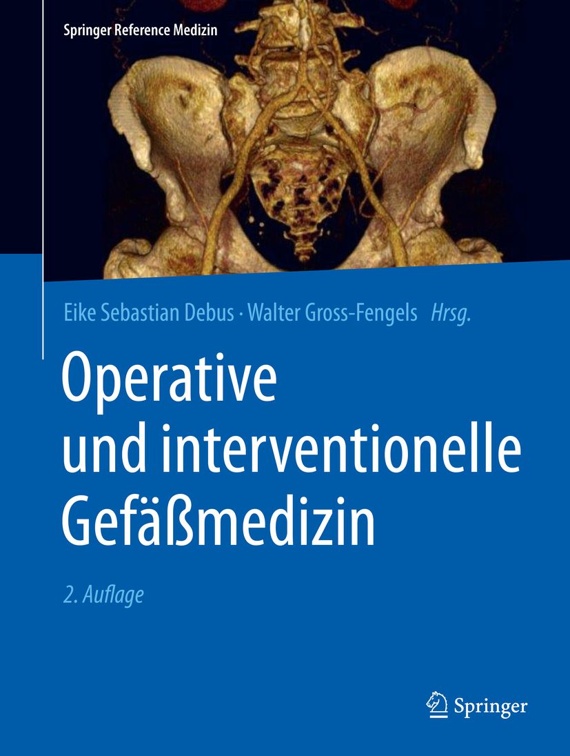 Buchcover: Operative und interventionelle Gefäßmedizin. Titel in Weiß auf blauem Hintergrund. Springer-Logo unten rechts.