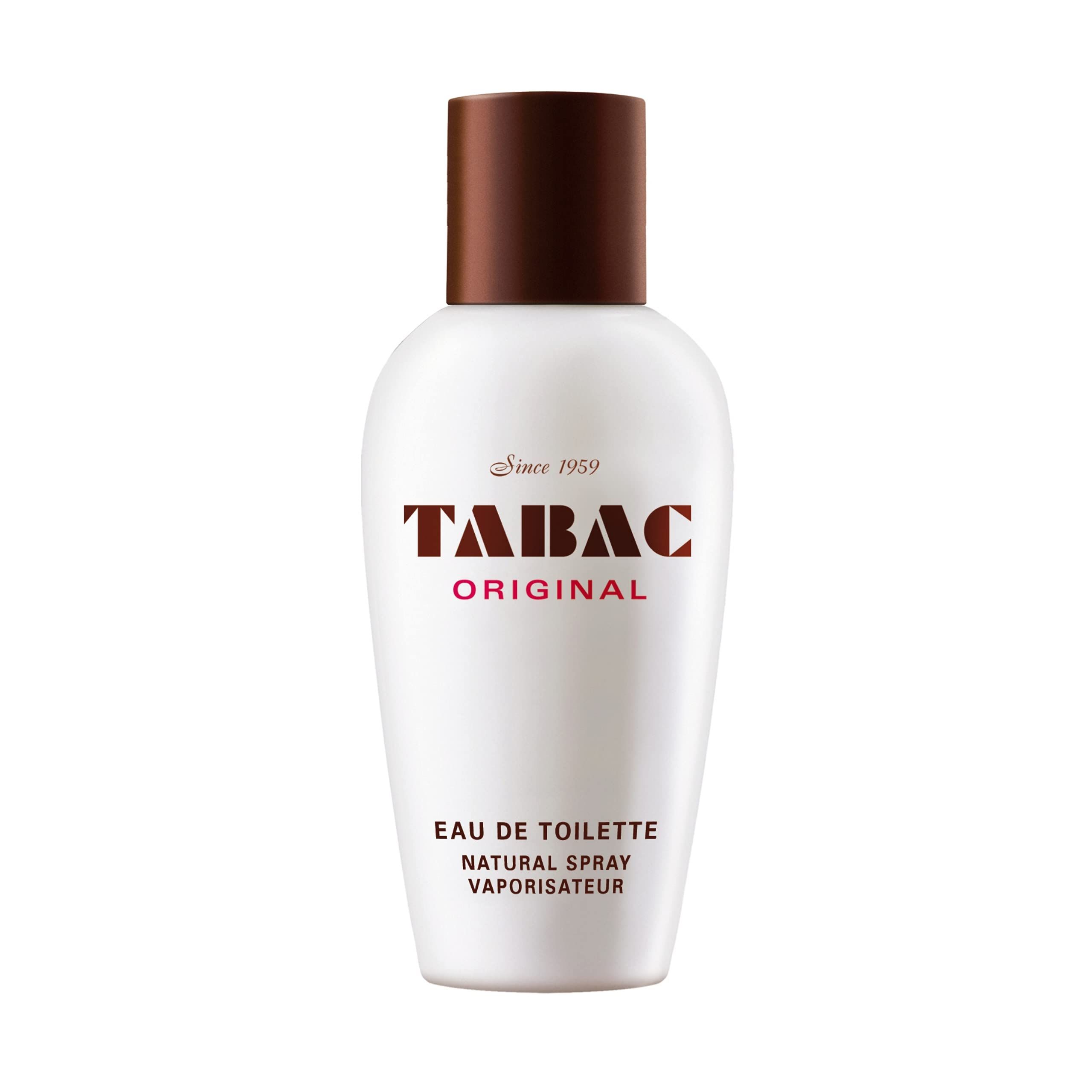 Weiße Flasche mit braunem Deckel. Tabac Original Schriftzug. Eau de Toilette Natural Spray Vaporisateur.