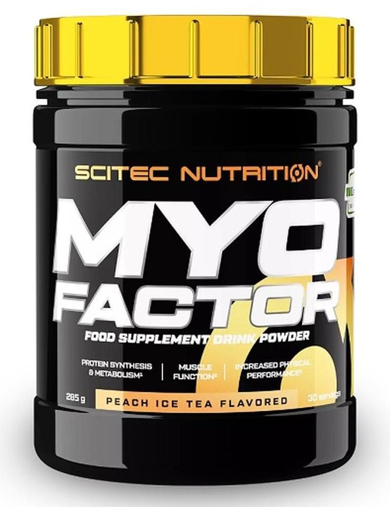 Schwarze Dose mit gelbem Deckel. Aufschrift "SCITEC NUTRITION MYO FACTOR". Text: "FOOD SUPPLEMENT DRINK POWDER". Geschmack: "PEACH ICE TEA FLAVORED".