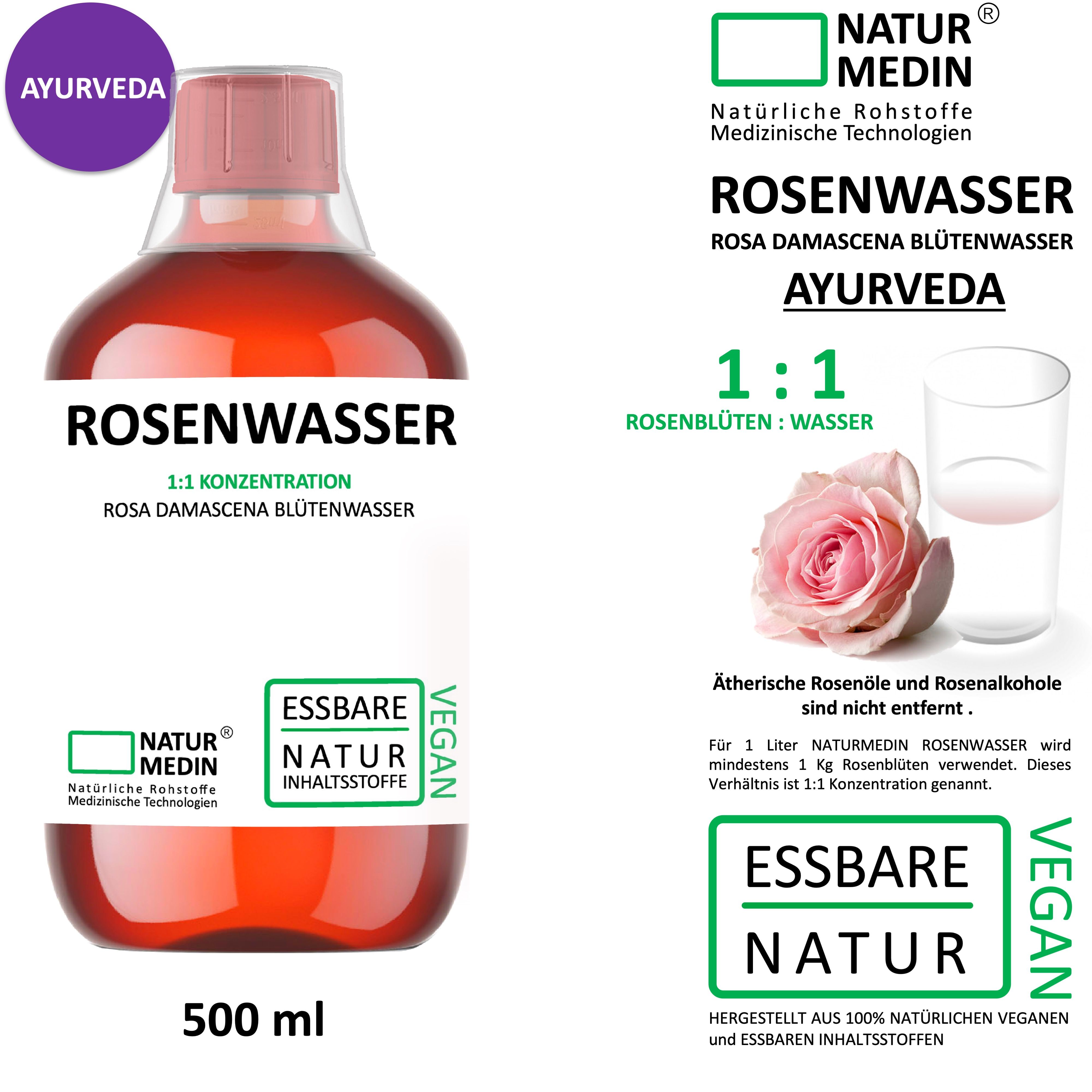 Flasche ROSENWASSER mit Glas und Rose. Beschriftung: ROSENWASSER, 1:1 Konzentration, NATURMEDIN, VEGAN, 500 ml.