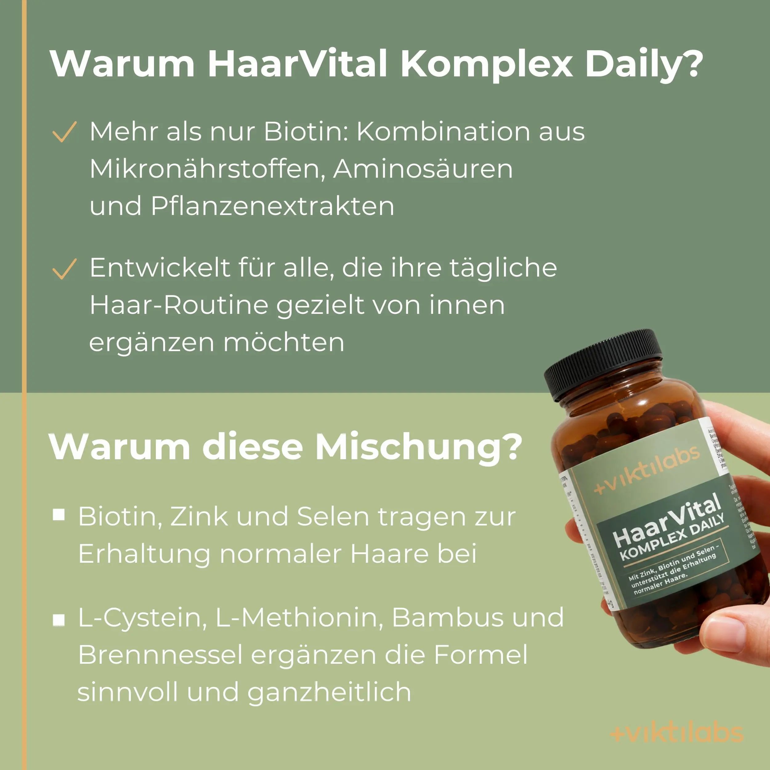 Hand hält eine Flasche HaarVital Komplex Daily. Text erklärt Vorteile und Inhaltsstoffe.