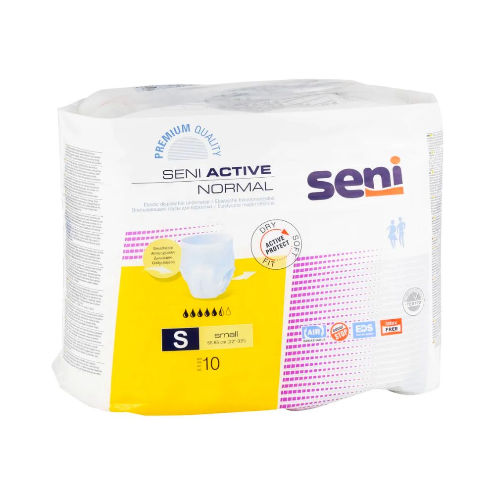 Verpackung Seni Active Normal Inkontinenzpants. Aufdruck: Seni Active Normal, S, 10 Stück. Gelber Bereich mit Produktabbildung.