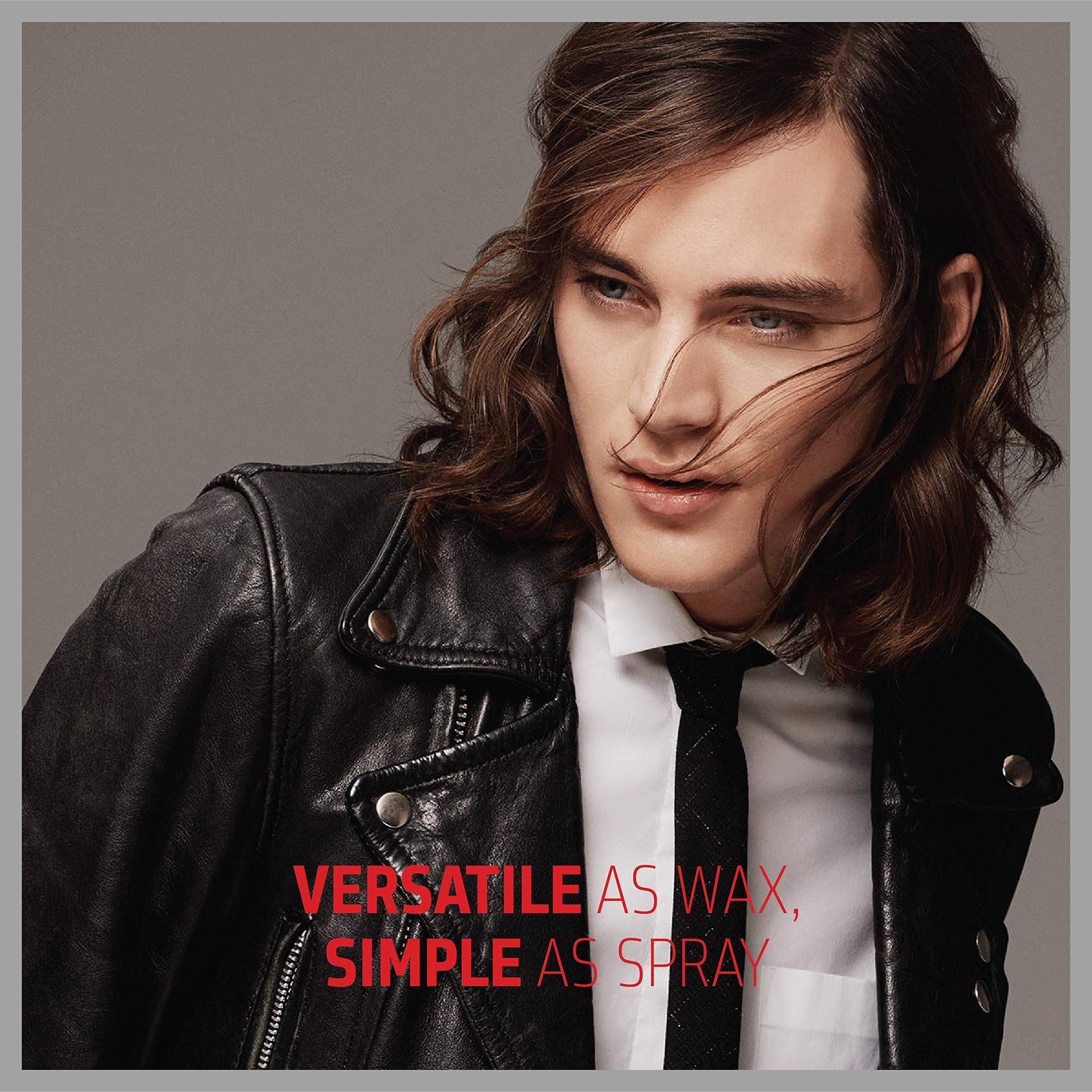 Mann mit langen Haaren und Lederjacke. Text: VERSATILE AS WAX, SIMPLE AS SPRAY.