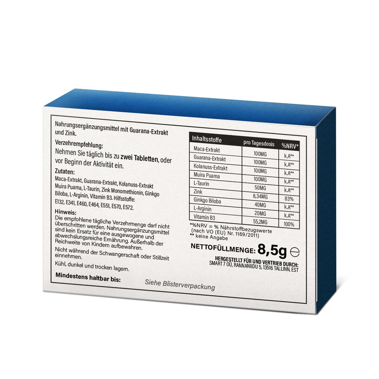 Rückseite der Schachtel mit Inhaltsstoffen und Nährwertangaben für VigaForte III. Enthält Maca-Extrakt, Zink, Vitamin B3 und weitere Inhaltsstoffe.