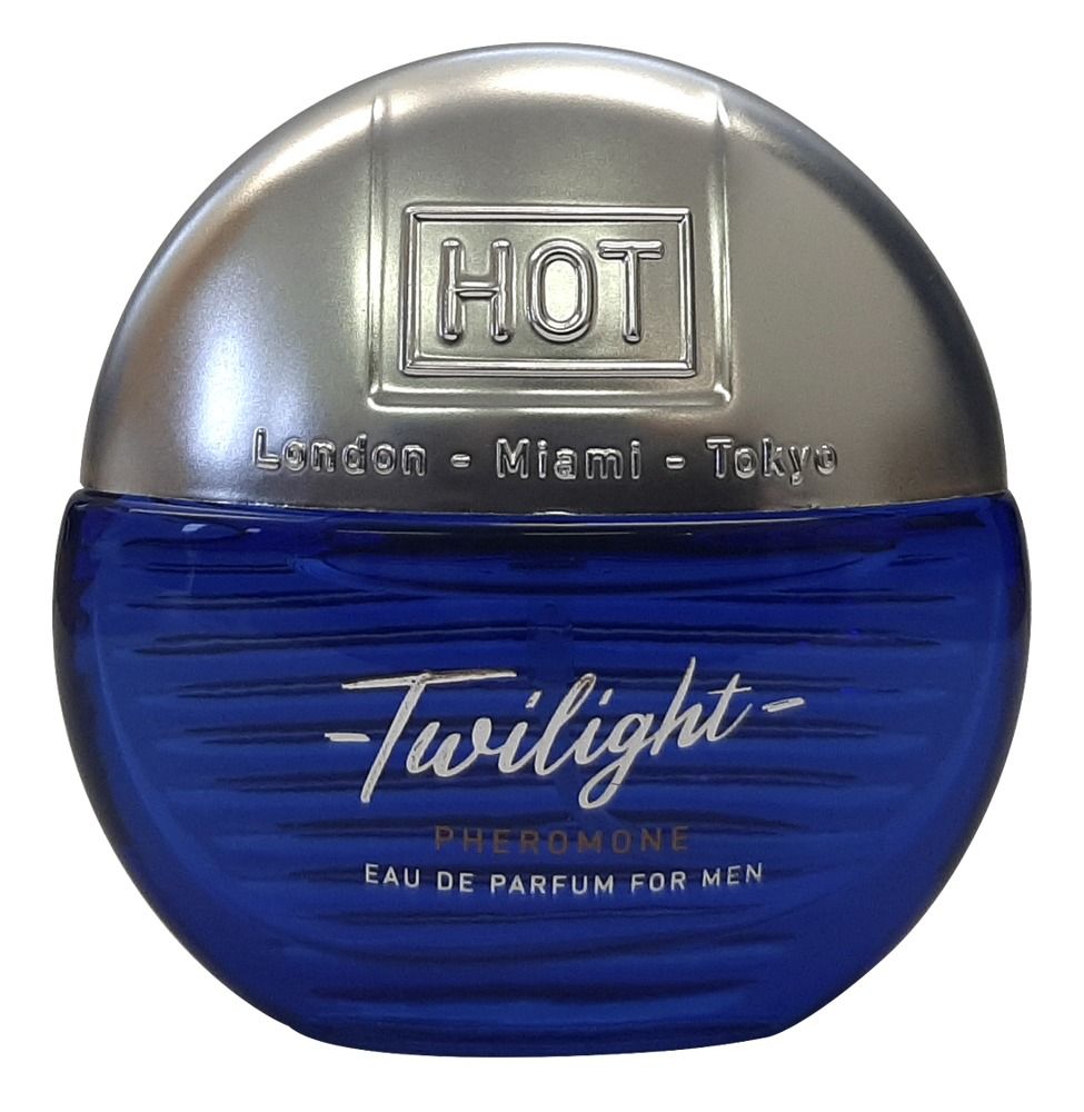 Runder, blauer Flakon mit silbernem Deckel. Text: Twilight Pheromone Eau de Parfum for Men. HOT-Logo.