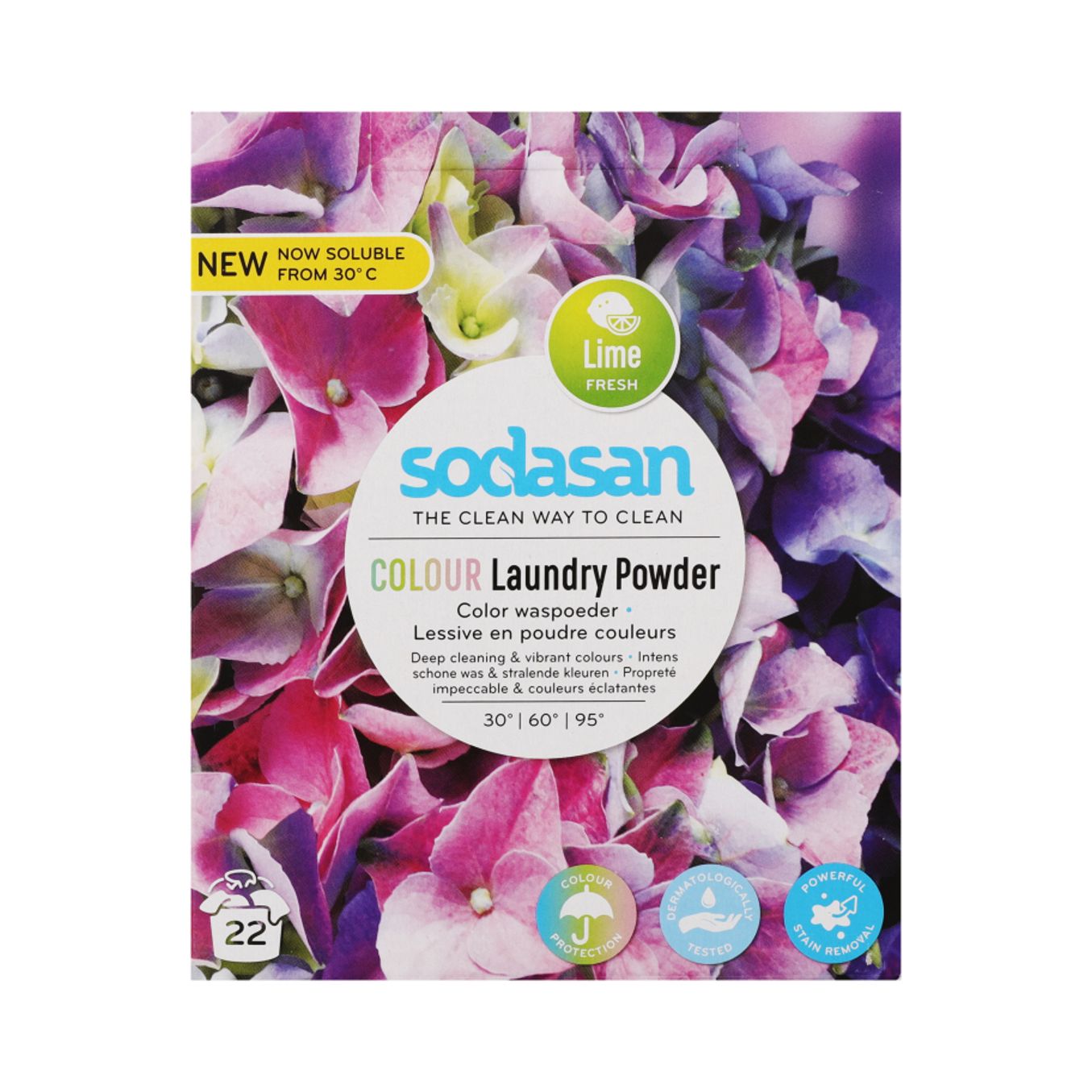 Confezione di detersivo Sodasan Color-Voll-Waschpulver. Motivo floreale, testo: "COLOUR Laundry Powder", "Lime fresh", "NEW".