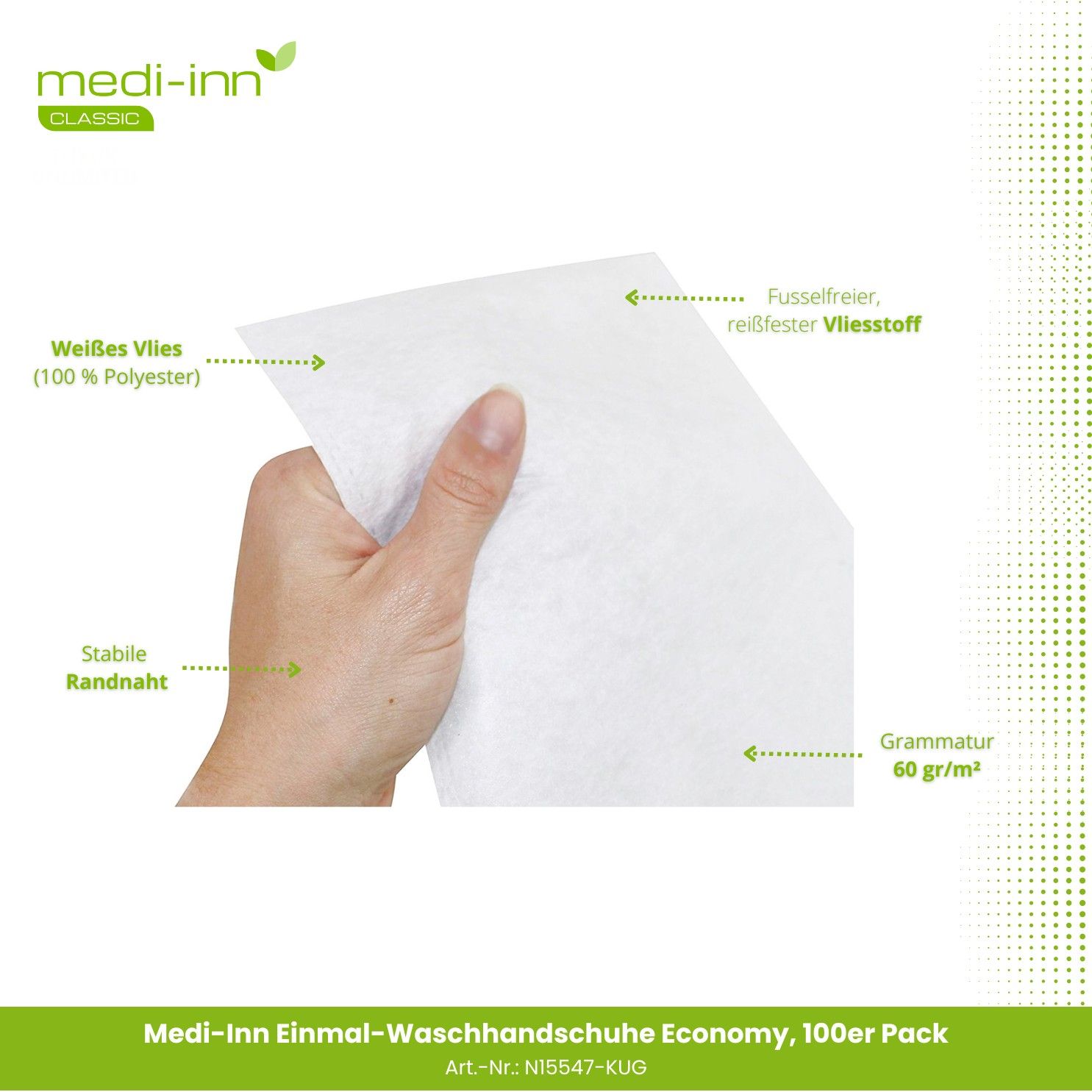 Medi-Inn Einmal-Waschhandschuhe Economy: Weißes Vlies (100% Polyester) mit stabiler Randnaht.