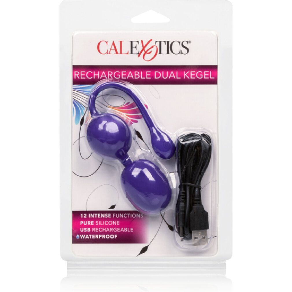 Lila Kegel-Doppelkugel in Verpackung. Enthält ein USB-Ladekabel. Marke: CALEXOTICS. Text: RECHARGEABLE DUAL KEGEL.