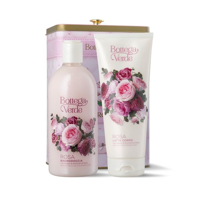 Set regalo Bottega Verde Rosa, contenente bagnodoccia e latte corpo, entrambi decorati con motivi floreali di rose. I prodotti sono confezionati in una scatola di metallo rosa. I flaconi e il tubo riportano il logo Bottega Verde.