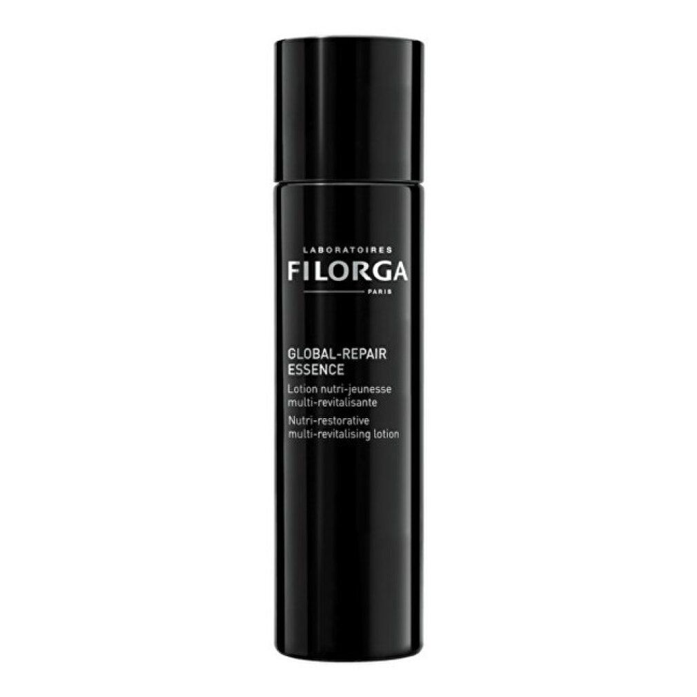 Schwarze Flasche mit Filorga Global-Repair Essence-Etikett. Text: Lotion nutri-jeunesse multi-revitalisante.