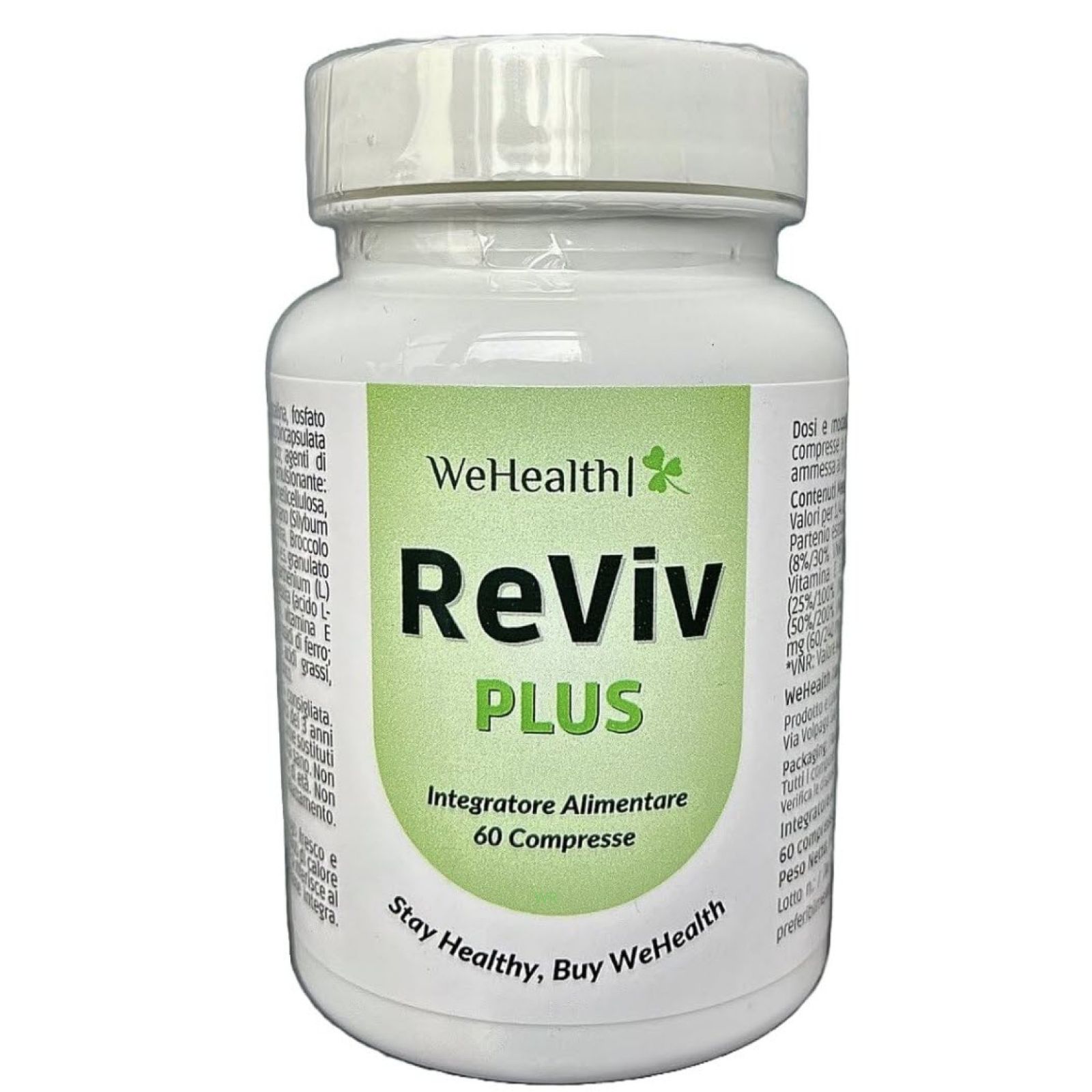 Weiße Flasche mit grünem Etikett. Aufschrift: ReViv PLUS, 60 Tabletten. Marke: WeHealth. Deckel und Flaschenhals weiß.