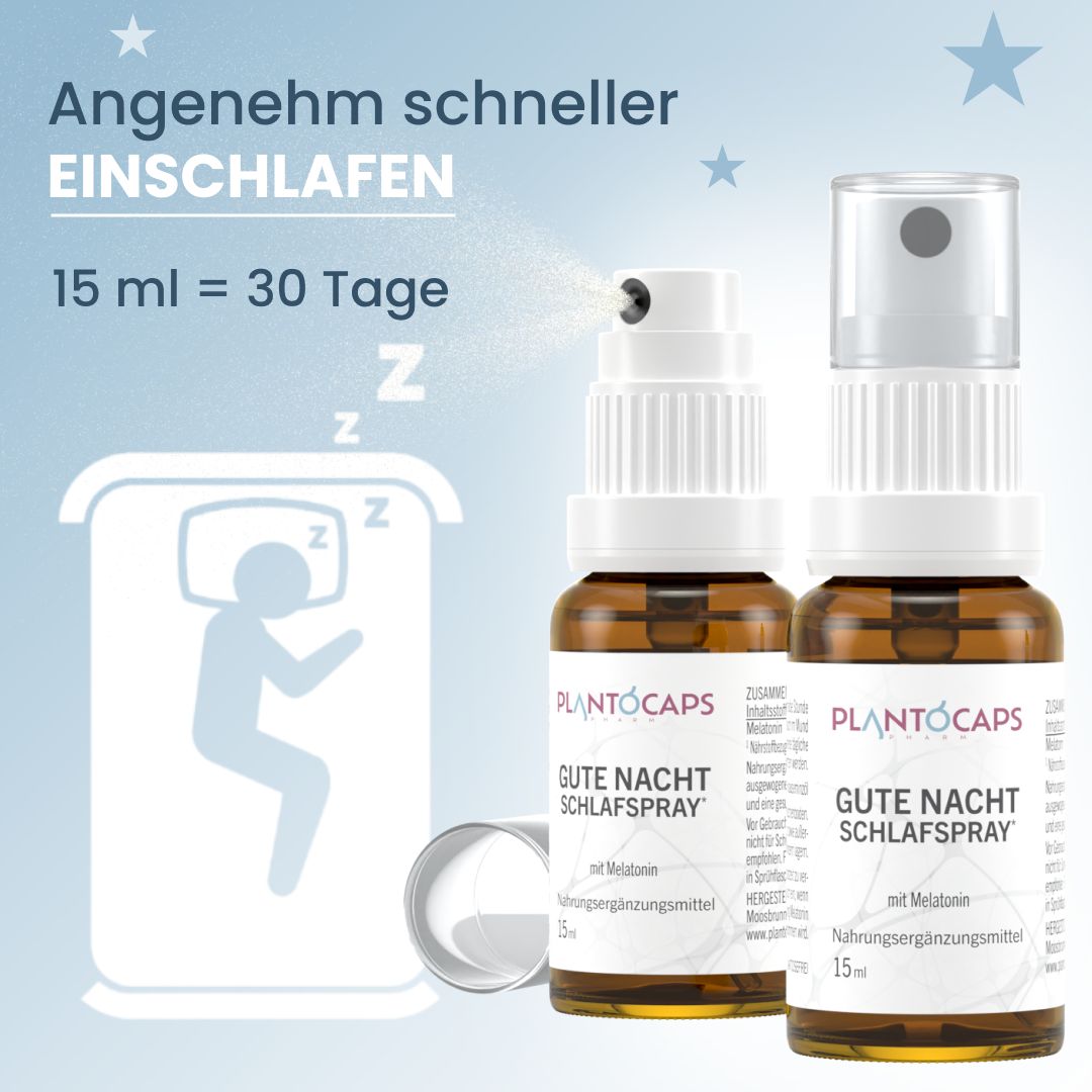 Zwei braune Sprühflaschen mit weißem Sprühkopf. Text: plantoCAPS GUTE NACHT SCHLAFSPRAY.  Zusätzlich: 15 ml = 30 Tage.