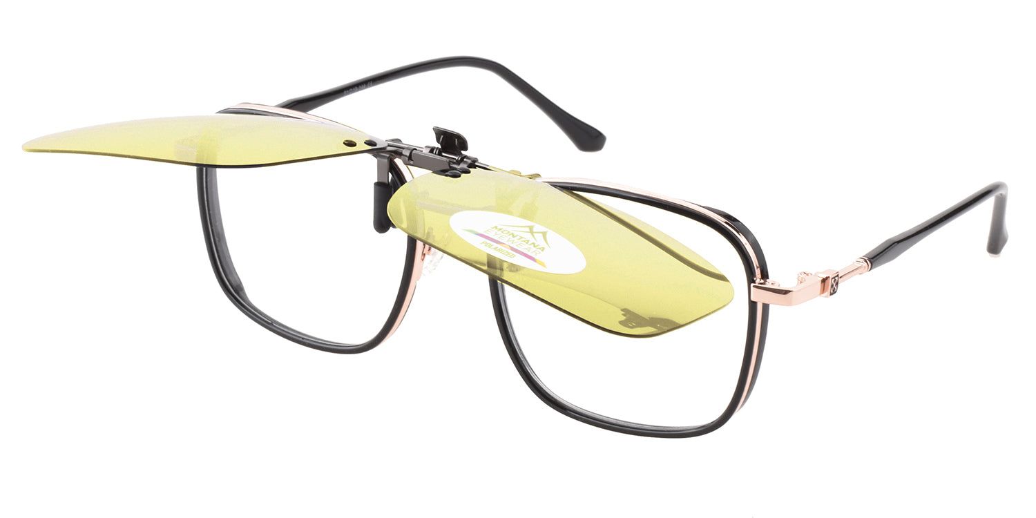 Montana Eyewear Tofino Clip-on-Sonnenbrille, gelbe Gläser, schwarzer Rahmen, hochgeklappt. Polarized-Logo.