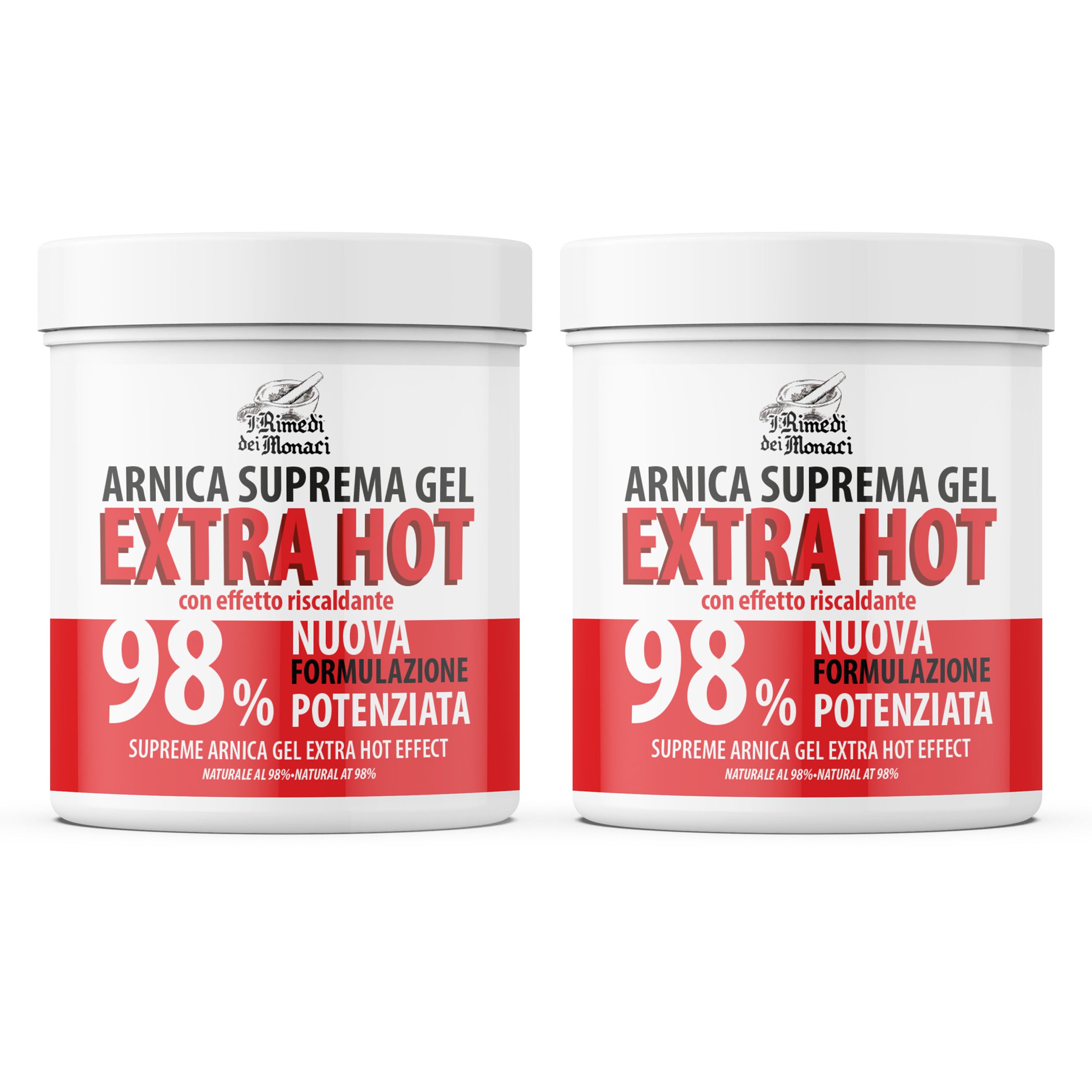 Zwei weiße Tiegel mit roter Beschriftung. Aufschrift: Arnica Suprema Gel Extra Hot, 98%. Neue Formulierung, Supreme Arnica Gel Extra Hot Effect.