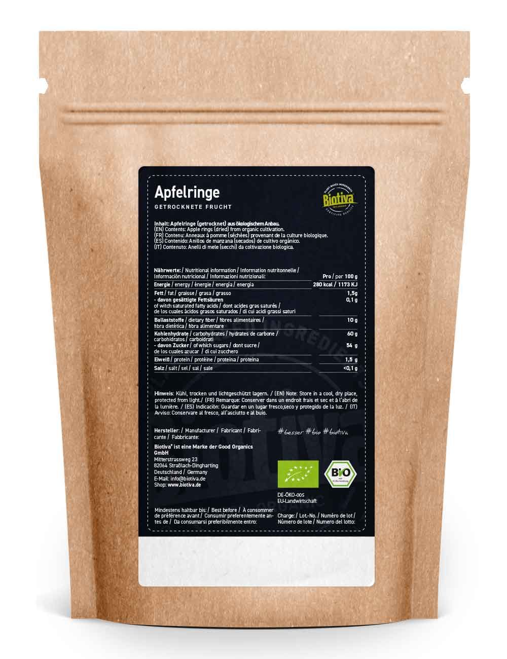 Rückseite der Biotiva Apfelringe Verpackung. Schwarzes Etikett mit Nährwertangaben und Bio-Siegel.