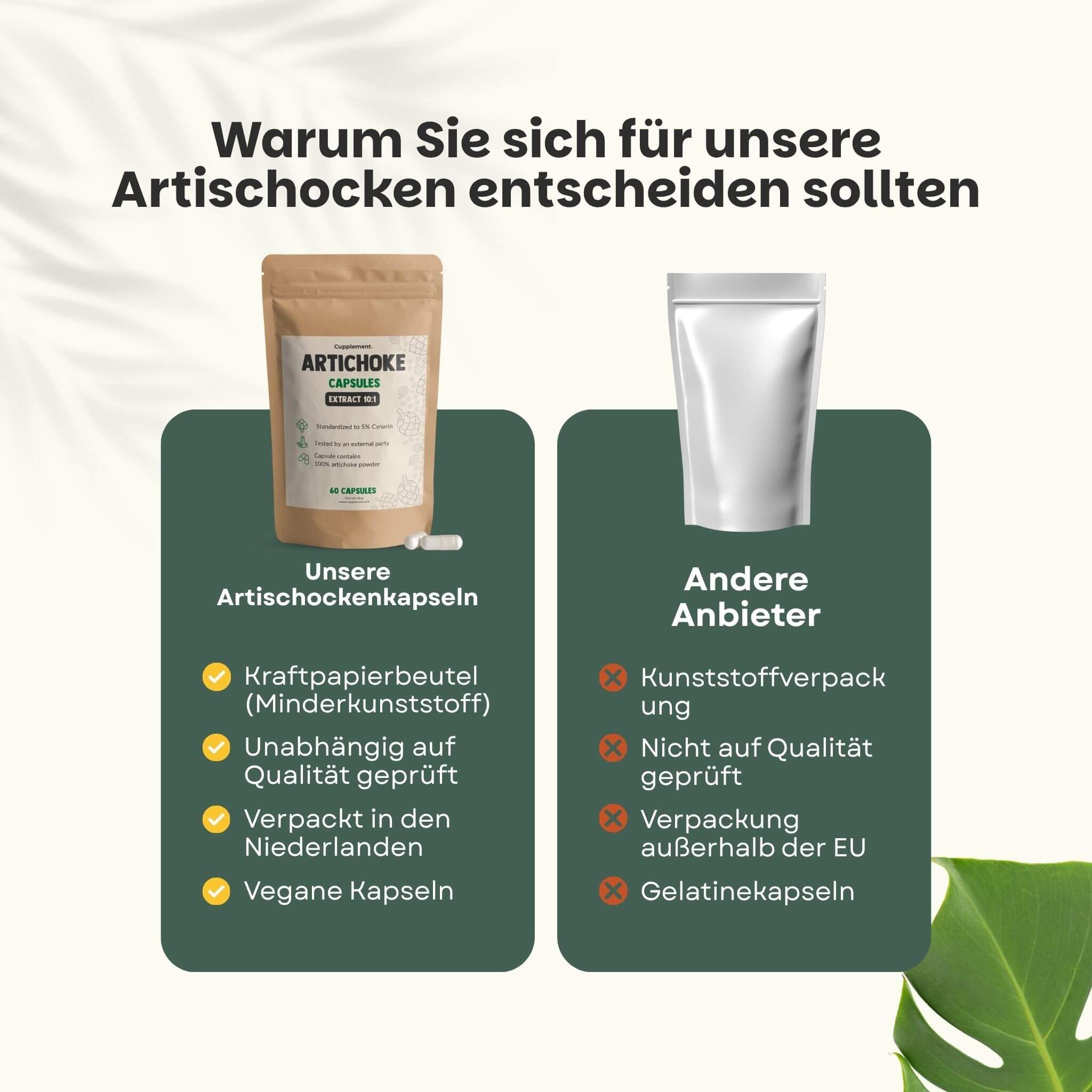 Braune Tüte mit Artischocken Kapseln. Text: Artischocke Kapseln, Extrakt 10:1, 60 Kapseln. 100% natürlich & vegan.
