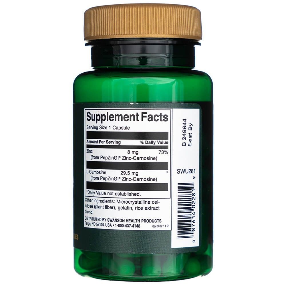 Rückseite einer grünen Dose mit Swanson Zink-Carnosin, Supplement Facts, 60 Kapseln.