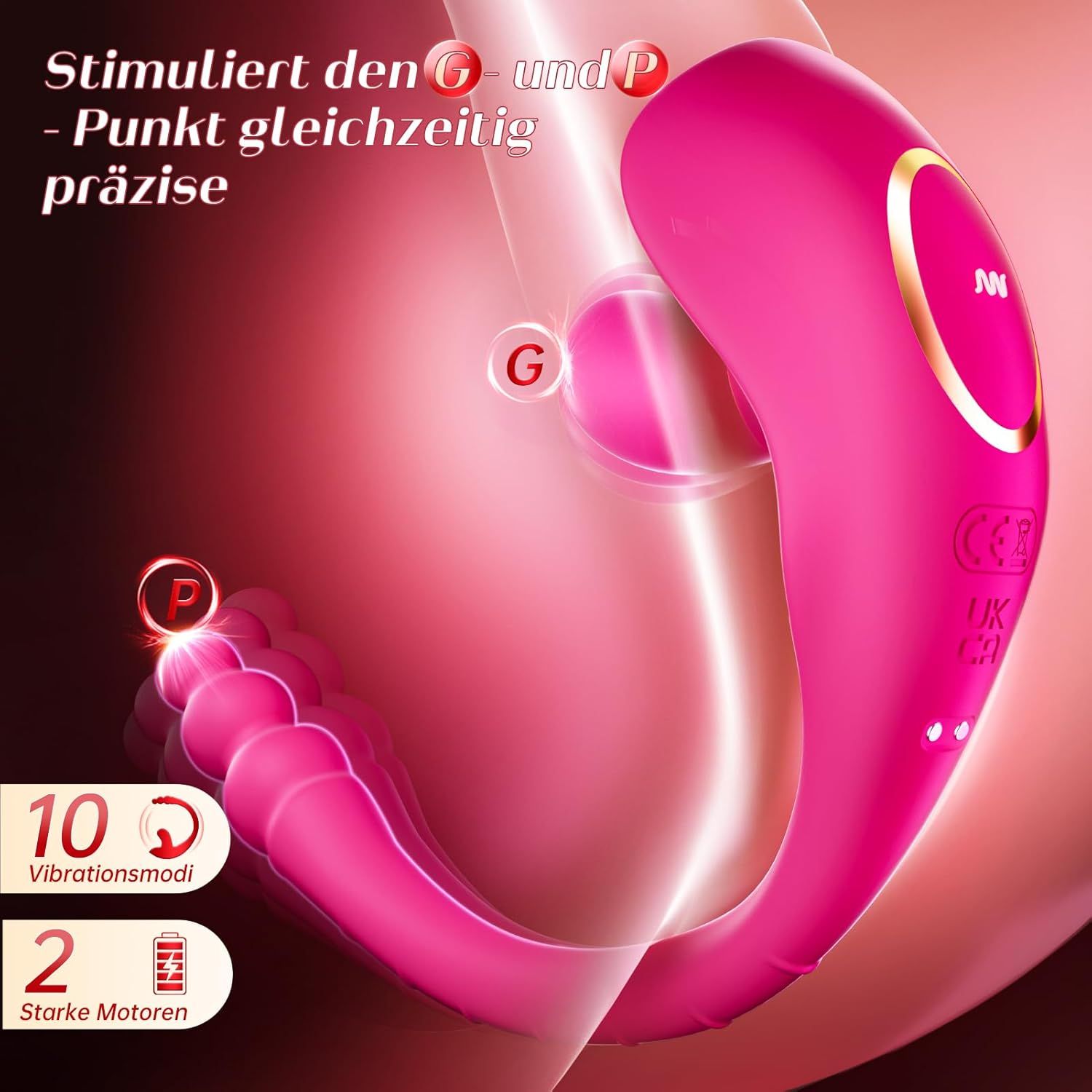 Pinker Vibrator mit G- und P-Punkt-Stimulationsgrafik, 10 Vibrationsmodi, 2 Motoren.