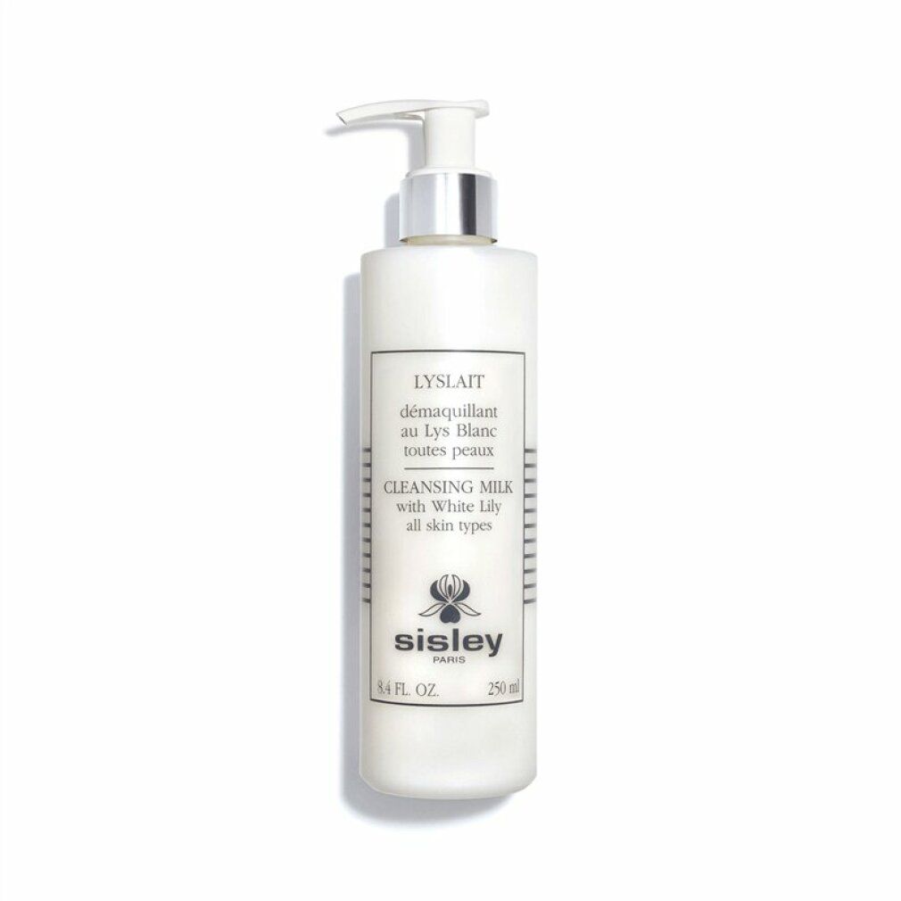 Weiße Flasche mit Pumpspender, Sisley Lyslait Reinigungsmilch für trockene, empfindliche Haut, 250 ml.