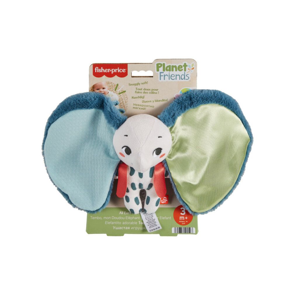 Verpackung mit Stofftier-Elefant. Der Elefant hat große Ohren und ein gepunktetes Muster.