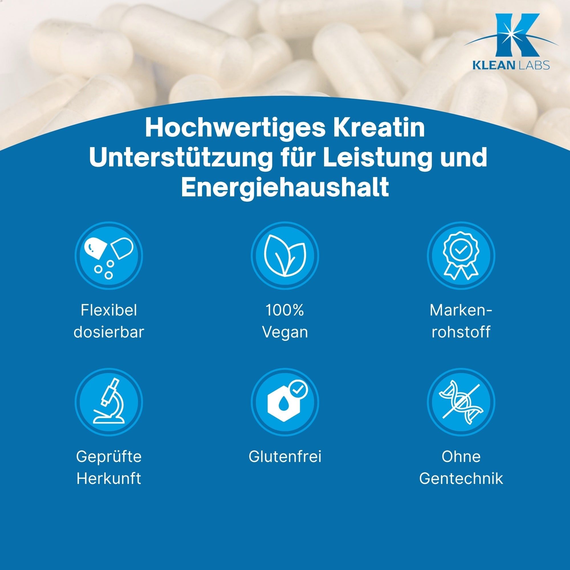 Kreatin Kapseln: vegan, glutenfrei, ohne Gentechnik, Markenrohstoff.