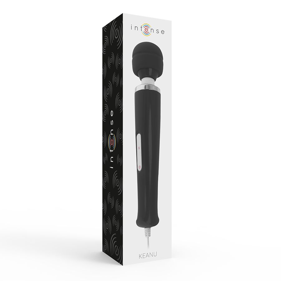 Schwarzer Wand-Massager mit schwarzem Kopf und weißem Kabel. Verpackung mit Produktnamen und Logo.