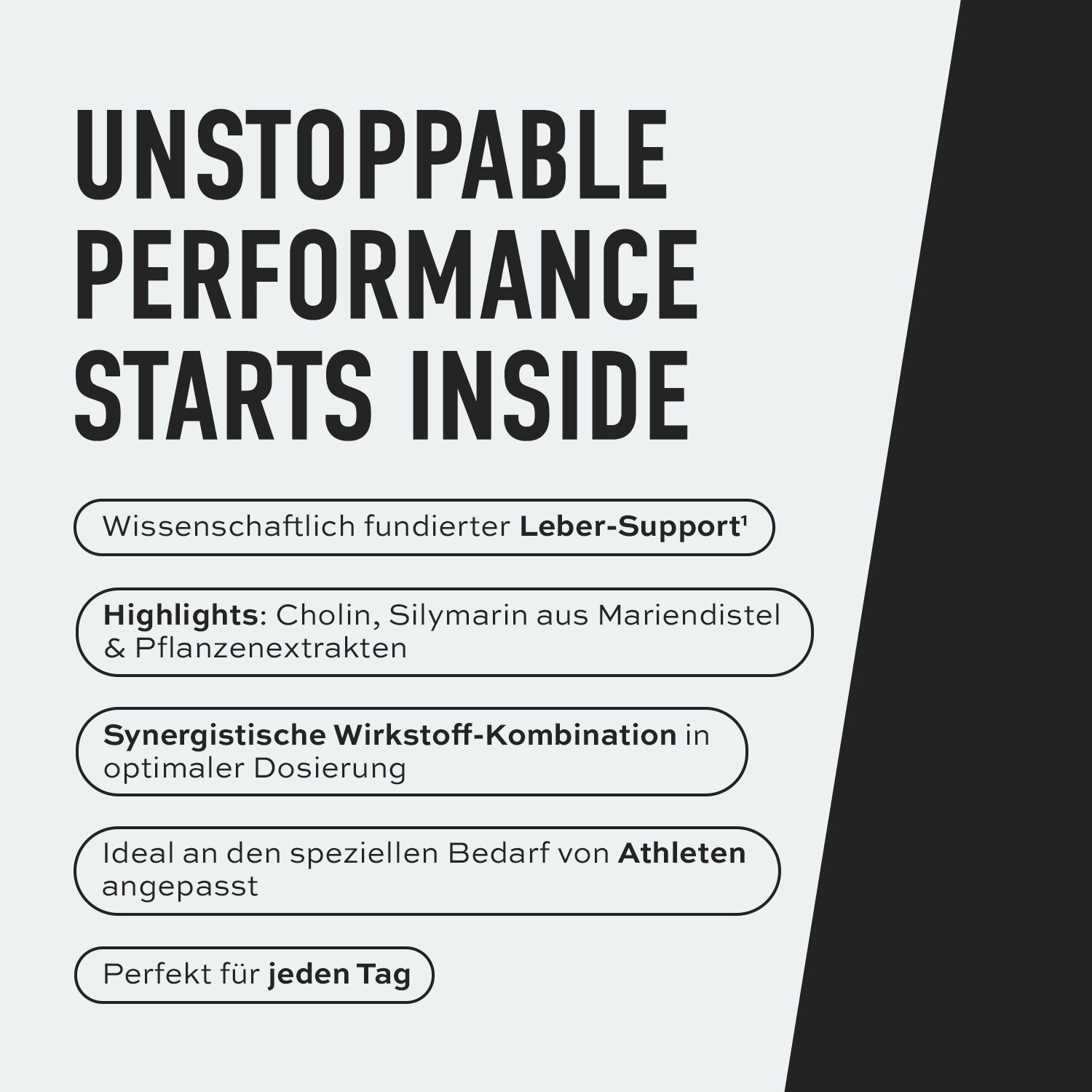 Text: UNSTOPPABLE PERFORMANCE STARTS INSIDE. Wissenschaftlich fundierter Leber-Support. Highlights: Cholin, Silymarin. Synergistische Wirkstoff-Kombination.