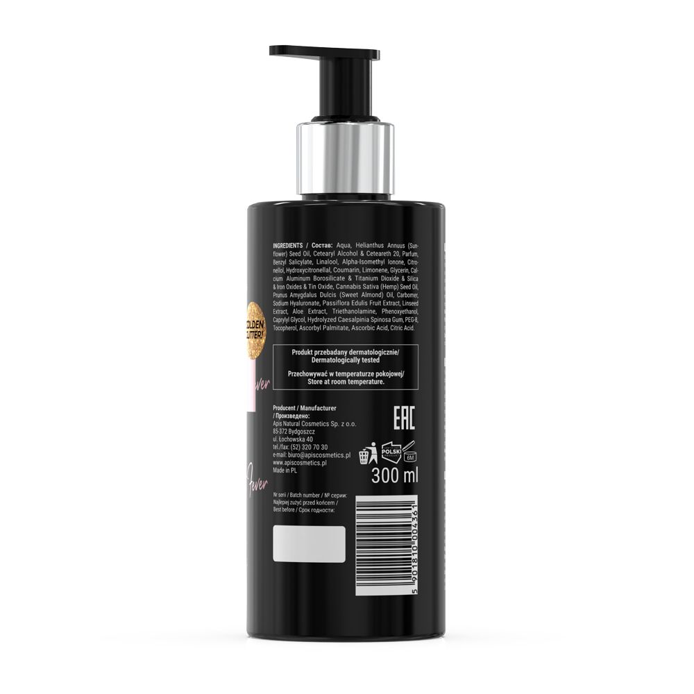 Rückseite einer schwarzen Flasche mit Pumpe. Text: Inhaltsstoffe, 300 ml, EAN-Code. Goldener Glitzer-Aufkleber.