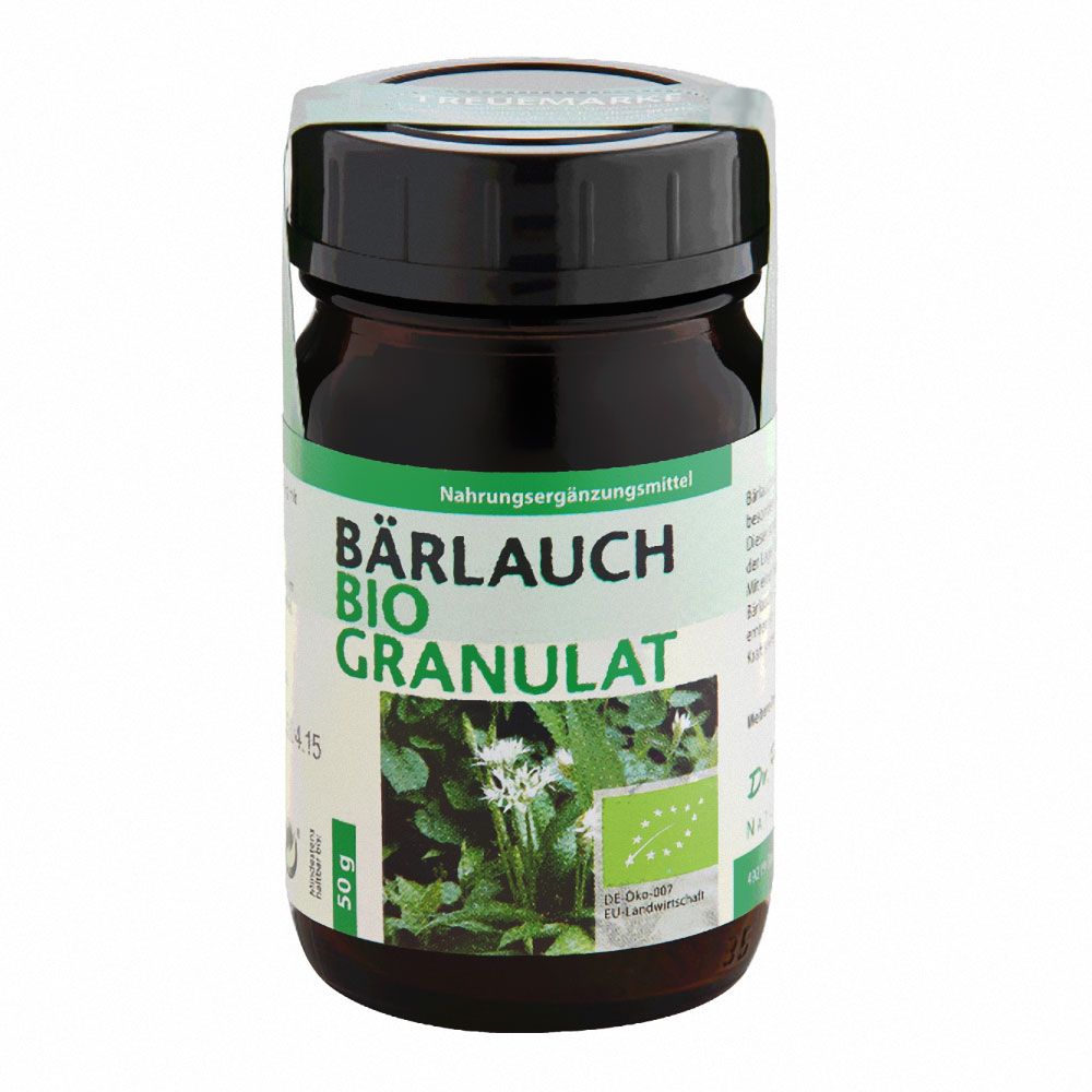 Braune Glasflasche mit grünem Etikett. Aufschrift: Bärlauch Bio Granulat. Bio-Siegel.