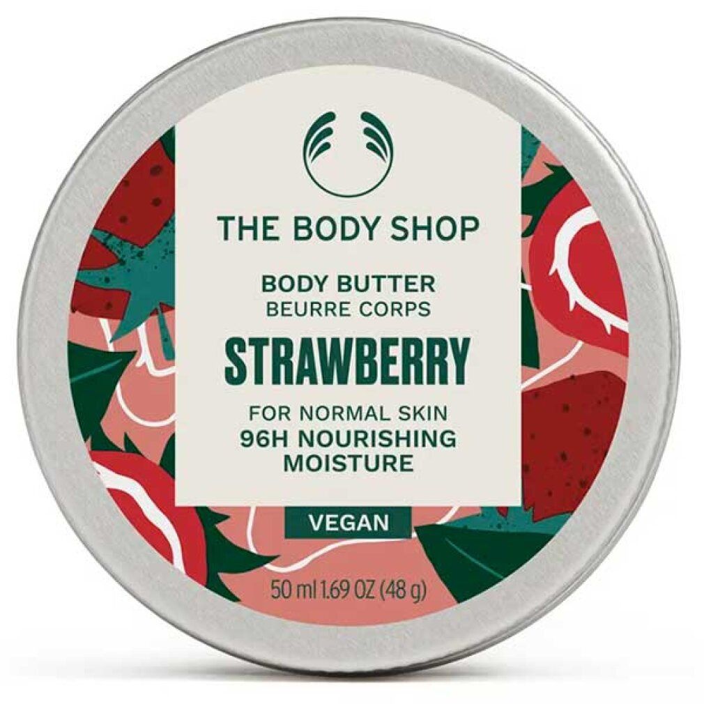 Runde Dose Body Butter Erdbeere. Aufschrift: The Body Shop, Body Butter, Erdbeere, für normale Haut, 96H Feuchtigkeit. Vegan. 50 ml.