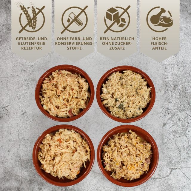 Vier Schalen Hundefutter. Text: Getreide- und glutenfreie Rezeptur, ohne Farb- und Konservierungsstoffe, ohne Zuckerzusatz, hoher Fleischanteil.