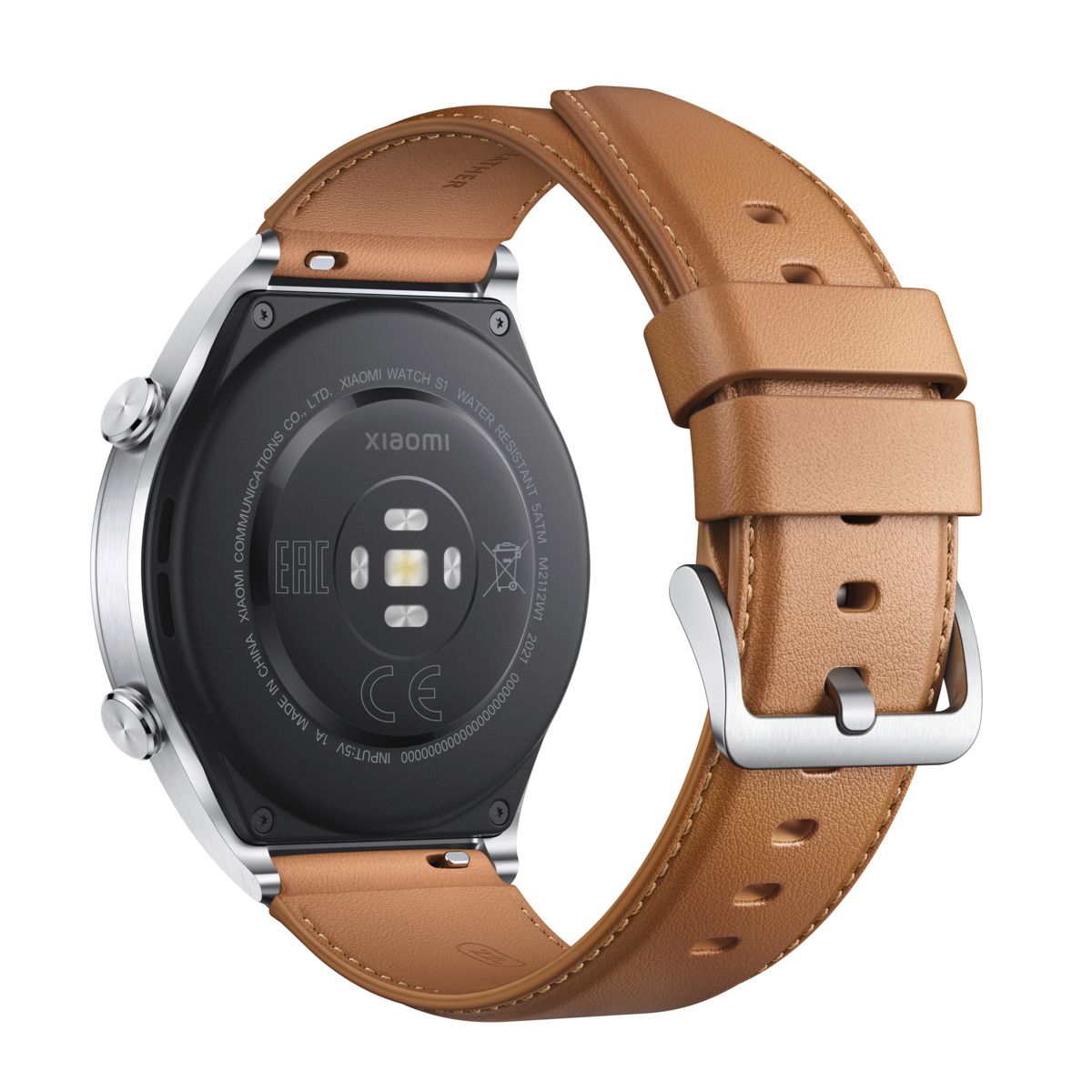 Rückseite der Smartwatch mit braunem Lederarmband. Sensor und Herstellerinformationen auf der Rückseite.