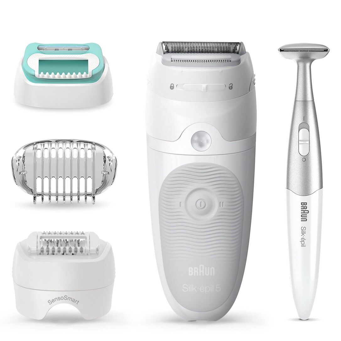 Weißer Epilierer mit Zubehör: Aufsätze, Trimmer und ein kleinerer Epilierer. Braun Silk-épil 5.