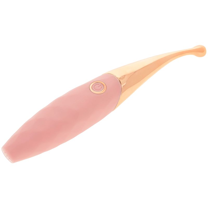 Rosa Stimulator mit goldfarbenem Kopf. Auf der Oberfläche befindet sich ein Ein-/Ausschalter. Gebogene Form.