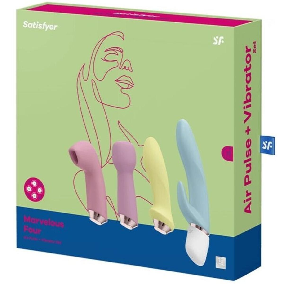 Verpackung mit vier Vibratoren. Hellgrüne Schachtel mit Illustration und Produktnamen. Marke: Satisfyer.