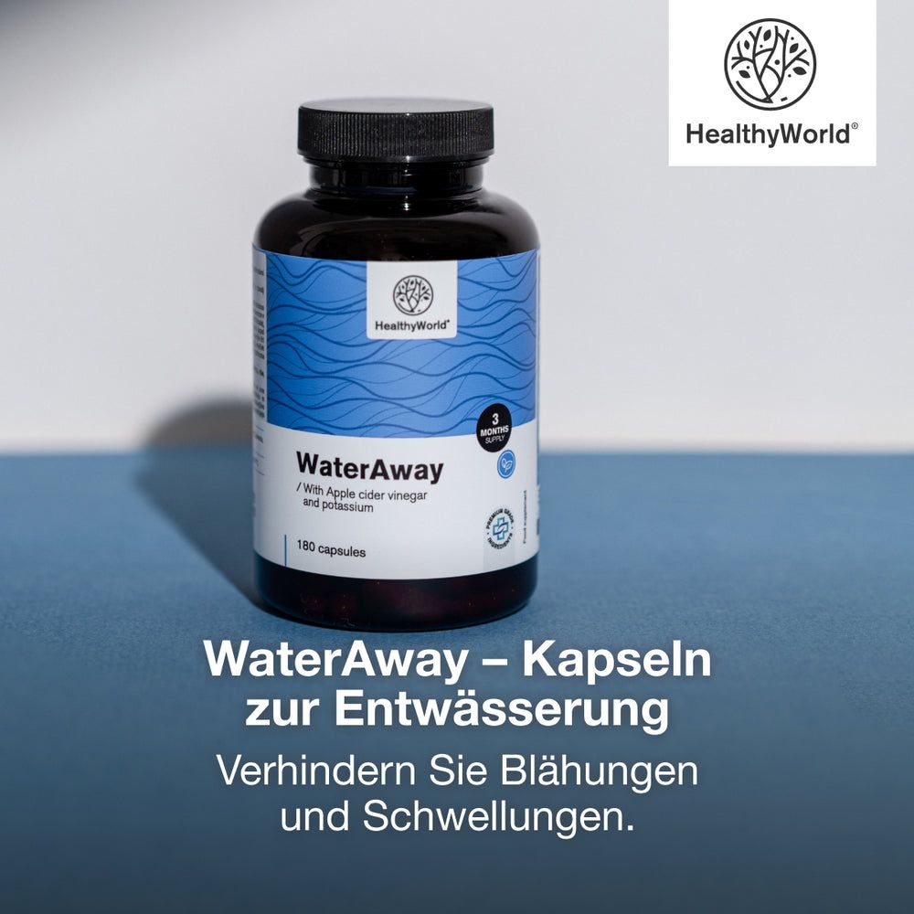 Flasche mit WaterAway-Kapseln. Text: WaterAway - Kapseln zur Entwässerung. Blaue Hintergrund.