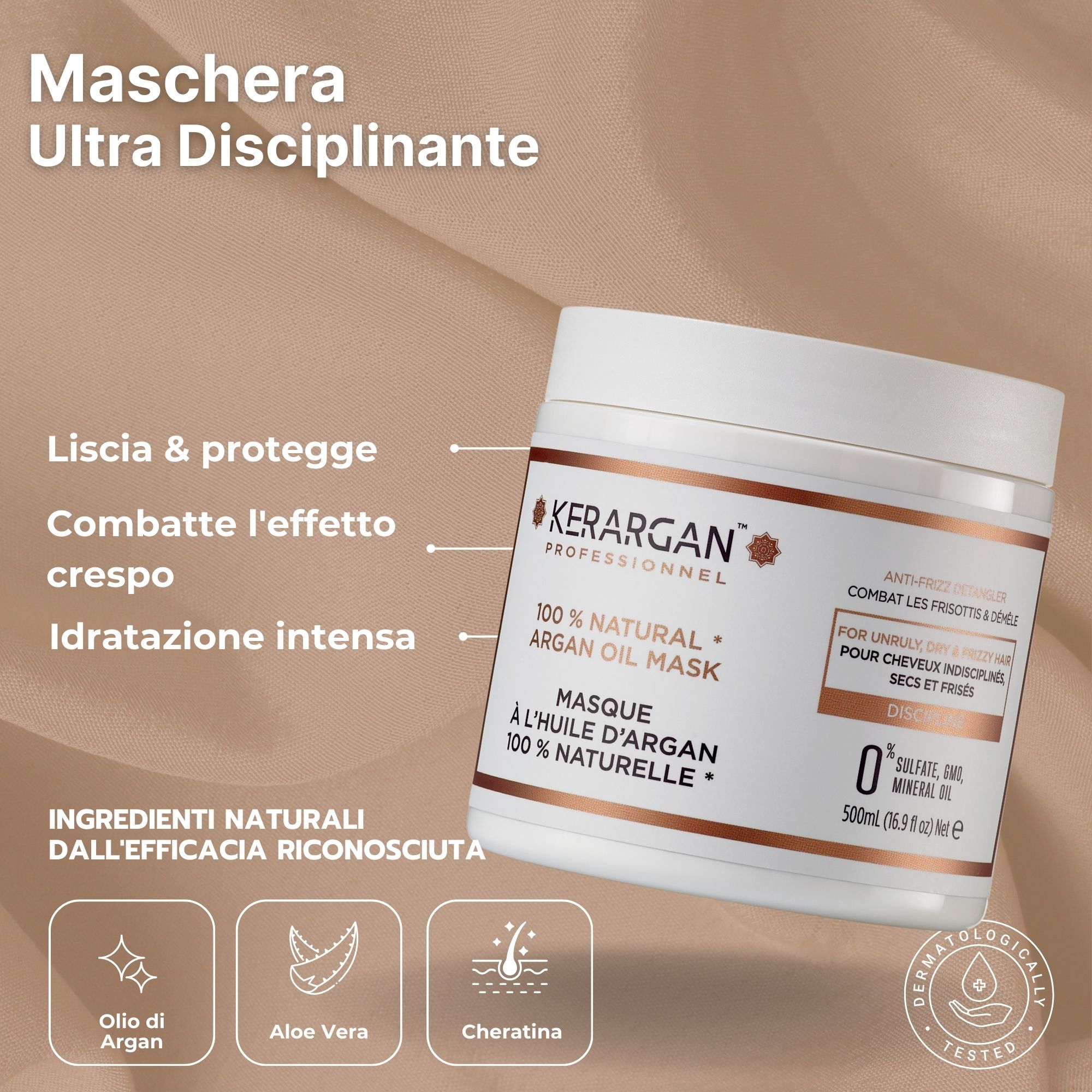Vasetto bianco di maschera. Testo: Kerargan, maschera all'olio di argan 100% naturale. Per capelli secchi. Testato dermatologicamente.