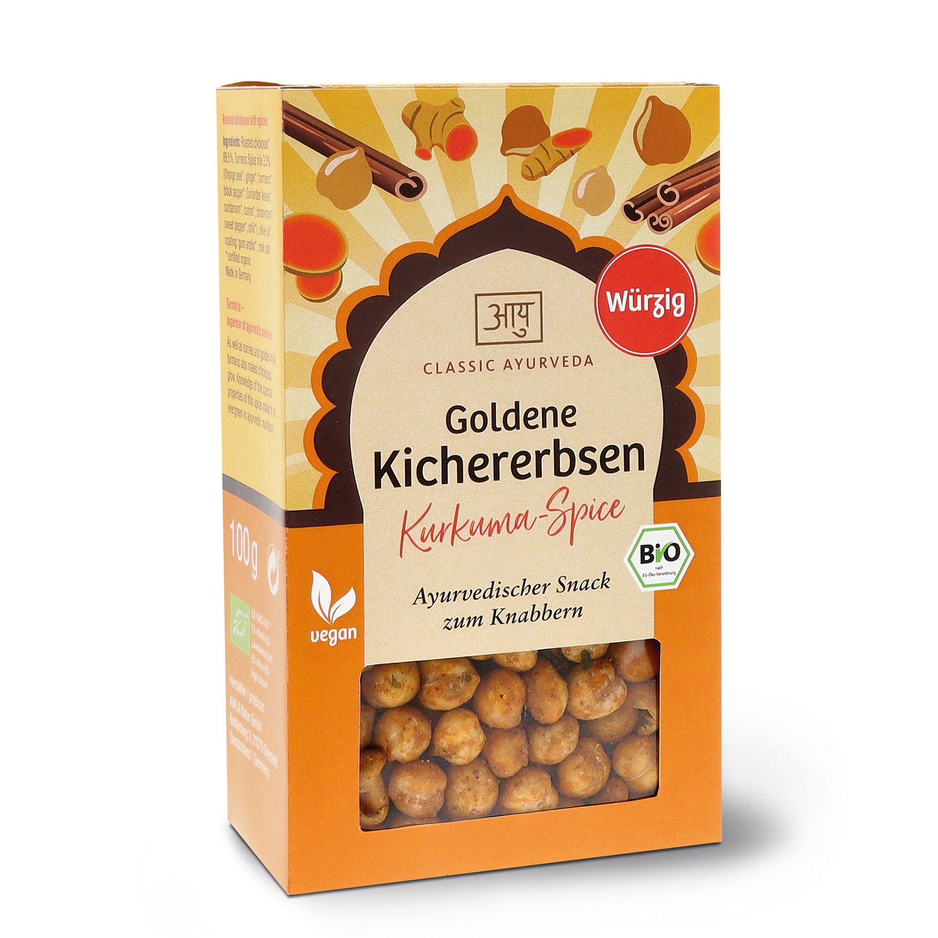 Verpackung mit "Goldene Kichererbsen Kurkuma-Spice". Sichtfenster mit Kichererbsen. Logo und Schriftzug "Classic Ayurveda".