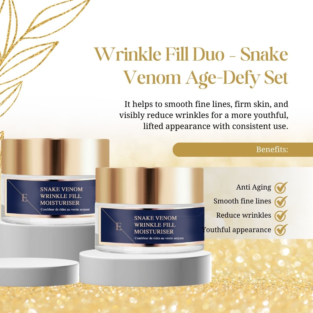 Zwei Tiegel mit goldfarbenen Deckeln und blauen Etiketten. Aufschrift: Snake Venom Wrinkle Fill Moisturiser. Text: Wrinkle Fill Duo - Snake Venom Age-Defy Set.