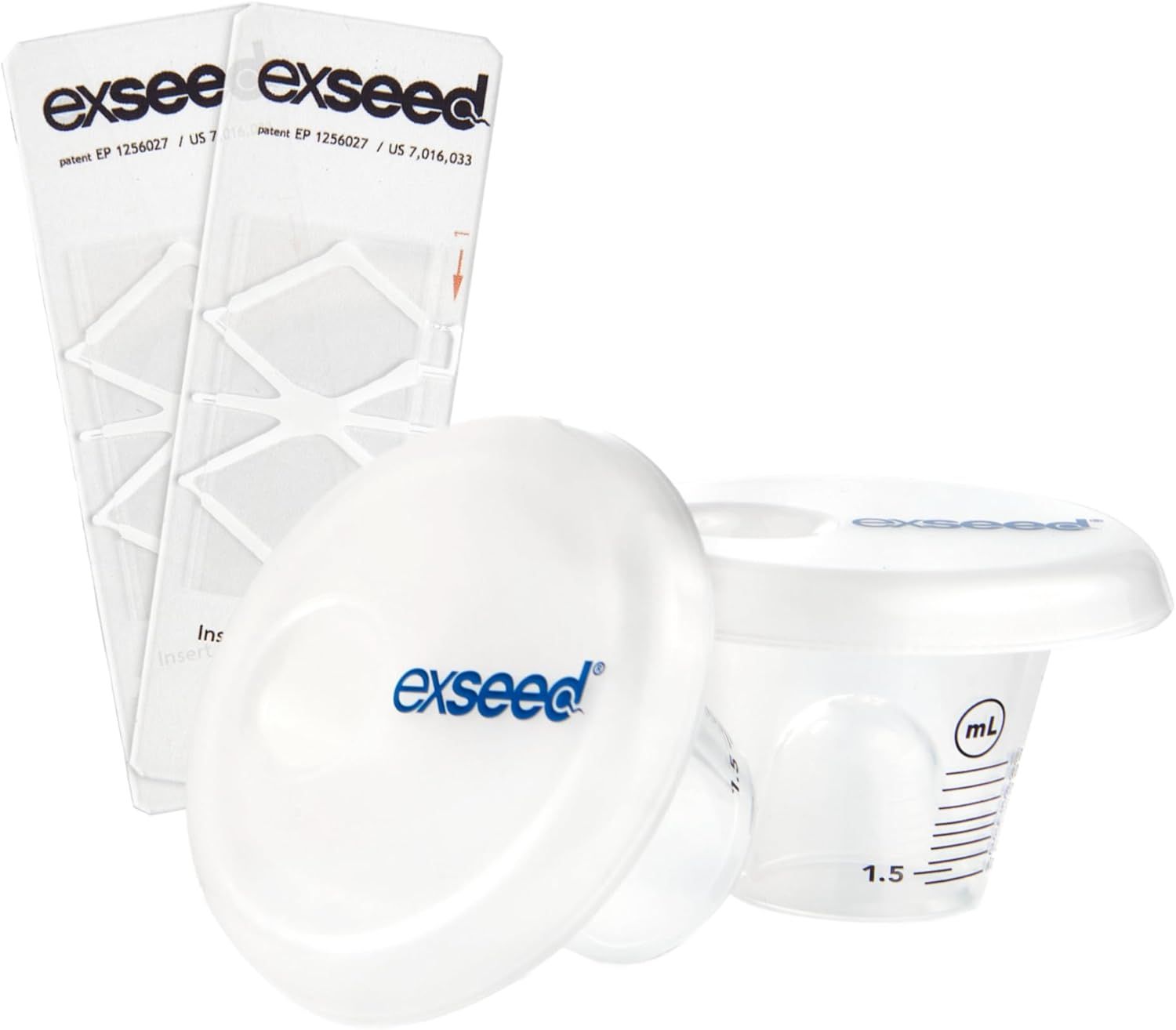 Becher mit Messskala, zwei Probenhalter, zwei Deckel und zwei Testkassetten. Aufdruck: ExSeed.