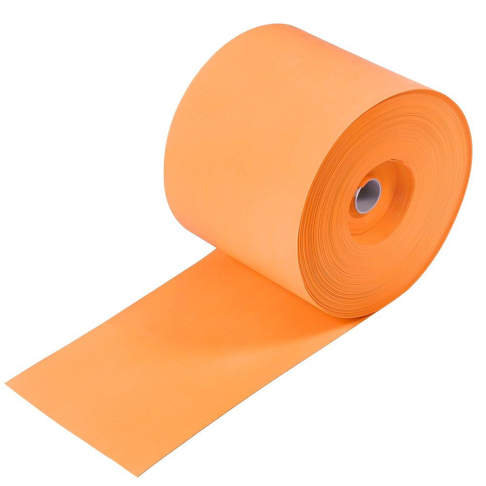 Orangefarbene Fitnessbandrolle, teilweise abgerollt.