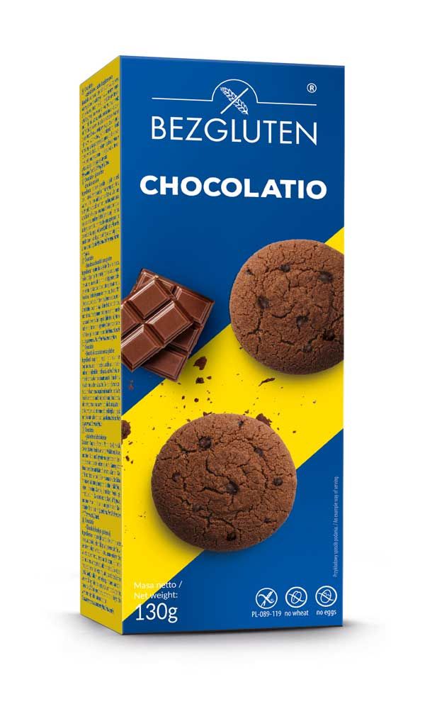 Verpackung mit Bezgluten Chocolatio. Blaue und gelbe Verpackung mit Keksen und Schokoladenstückchen. Glutenfrei.