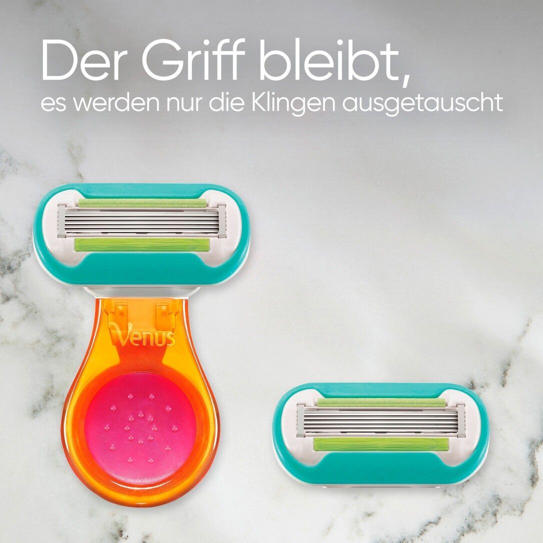 Rasierer mit Ersatzklinge. Orangefarbener Griff, türkisfarbene Klingen. Text: Der Griff bleibt, es werden nur die Klingen ausgetauscht.