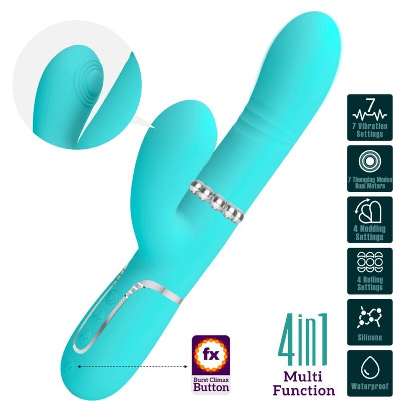 Türkisfarbener Vibrator mit G-Punkt-Stimulator. 4-in-1-Funktion. Mit 7 Vibrationen, 7 Motoren, 4 Einstellungen, 4 Rollen.