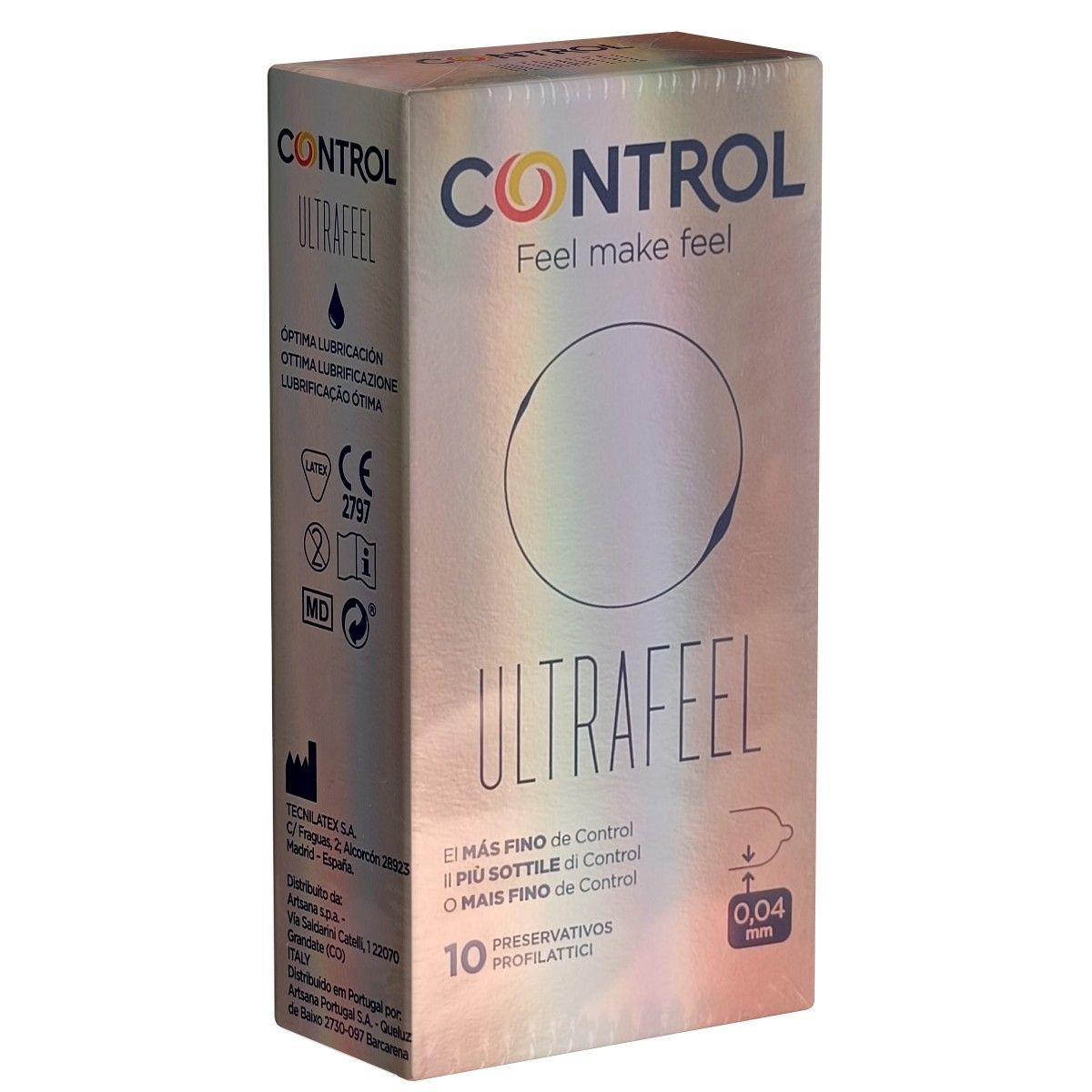 Schachtel mit "CONTROL ULTRAFEEL"-Kondomen. Enthält 10 Stück. Text: "El más fino de Control". Dicke: 0,04 mm. CE-Kennzeichnung.
